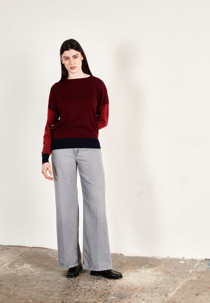 Pull col rond oversize ultrafin cachemire et laine bordeaux/rouge/marine - KELLY 9