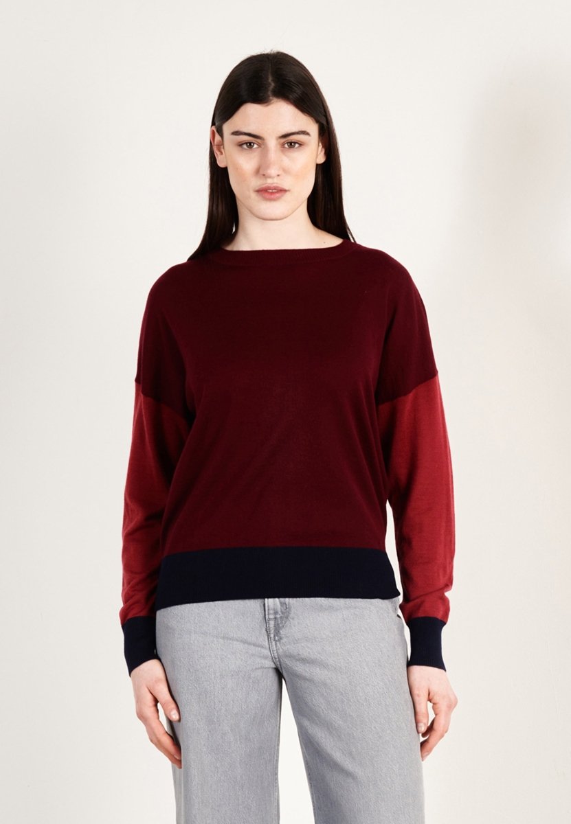Pull col rond oversize ultrafin cachemire et laine bordeaux/rouge/marine - KELLY 9